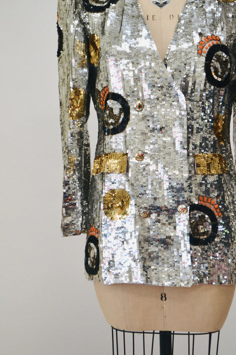 80s 90s Vintage Silver Sequin Jacket// Vintage Silver Sequin Boat Party Jacket  Nautical Captain Silver Sequin Blazer French Collizioni