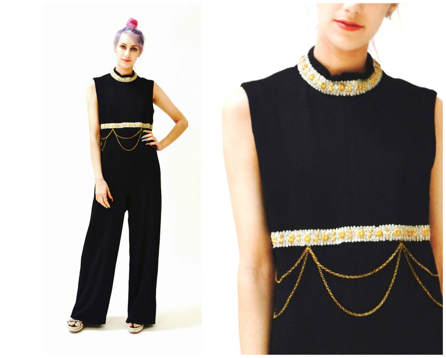 70s Vintage Black Jumpsuit Medium Large Metallic Gold Knit By Ricky Ann// 70s Vintage Jumpsuit Pantsuit Black Metallic Chain Trim