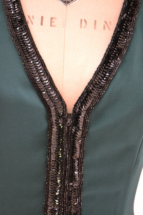 80s 90s Fabrice Vintage Green Black Beaded Party Dress Medium // Vintage 80s 90s Sequin Party Dress Crinoline Pleated Skirt Long Sleeves