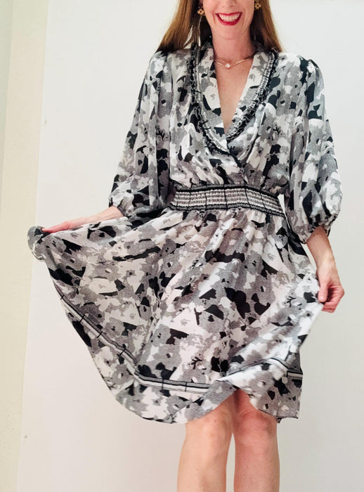 80s Party Ruffle Dress Black White Floral Print Ruffle Peasant Dress Medium Dress Diane Freis inspired 80s 90s Ruffle Summer Party Dress