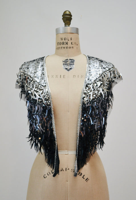 Vintage Silver Black Beaded Fringe Shawl Wrap Burlesque Wedding Flapper Silver Wedding Metallic Beaded Vintage Fringe Colla Shawl Sharmark