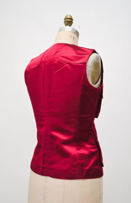 80s 90s Vintage Red Burgundy Satain Vest Medium by Gianfranco Ferre Vest Red Satin Cargo Vest Designer vintage Womens Red Gilet Vest Small