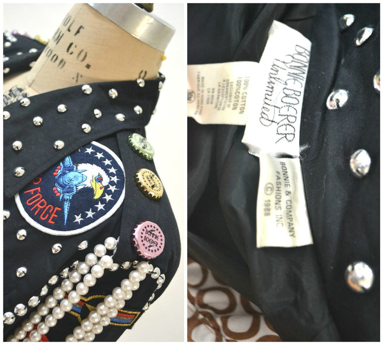 90s Vintage Patch Jacket Studded Metallic Pin Button Jacket Hearts Peace Sign Bonnie Boerer Pop art American USA football Flag Heart Jacket