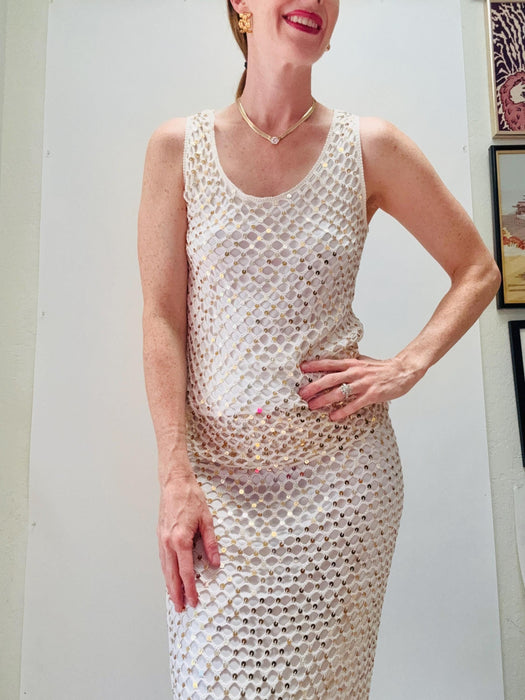 90s 00s Y2k Vintage White Gold Cache Crochet Sequin Club Party Beach Wedding Skirt and top Sheer Beach Dress Small Medium White Gold Dress