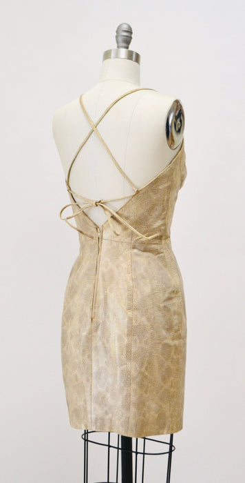 Stunning 90s 20002 y2k Leather Dress Gold Tan Lace Up leather Dress XS Small  Michael Hoban North Beach// Leather Body Con Dress Short Dress