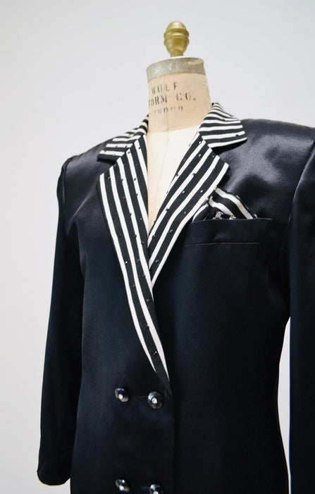90s Vintage Black White Striped Party Jacket Blazer Medium by Criscione //  90s Black Satin Military Heart Rhinestone Party Jacket Blazer