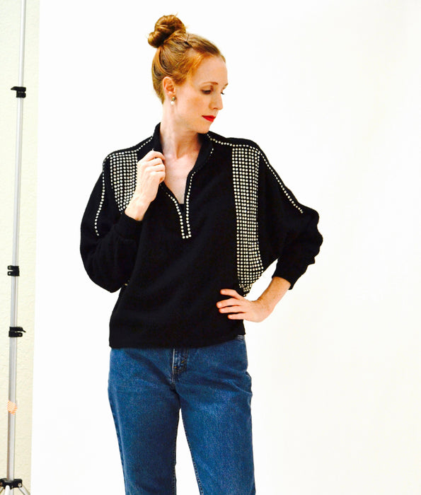 80s 90s Vintage Black Rhinestone Sweater Jumper Medium Pull over 80s Glam Rhinestone Diamond Sweater Dolman Sleeves Pull over Small Medium
