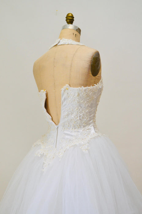 Vintage 2000s Halter Neck Wedding Dress Oleg Cassini White Crinoline Tulle Princess Wedding GOWN XS Small Sleeveless Wedding Dress With Veil