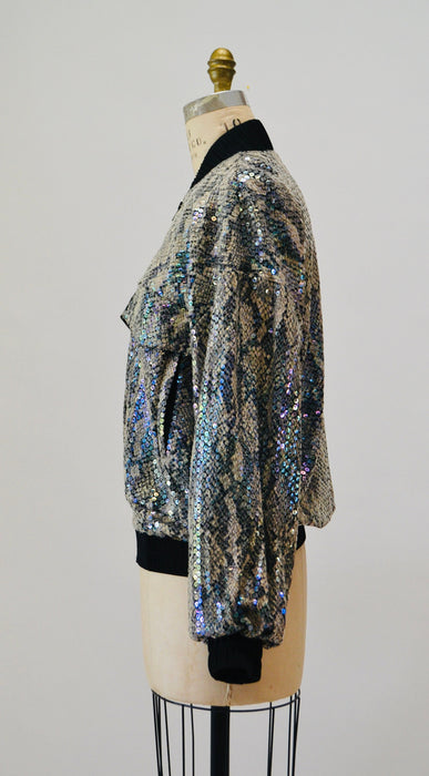 90s Vintage Sequin Bomber Track Jacket Black Grey Sequin Snake Python Jacket Small Medium// 90s Party sequin Jacket Snake Print Criscione