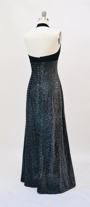 1970s Vintage Black Maxi Dress 70s Metallic Black Silver Party Disco Dress Black Halter Neck Prom Dress Black Long Maxi Dress XS Small