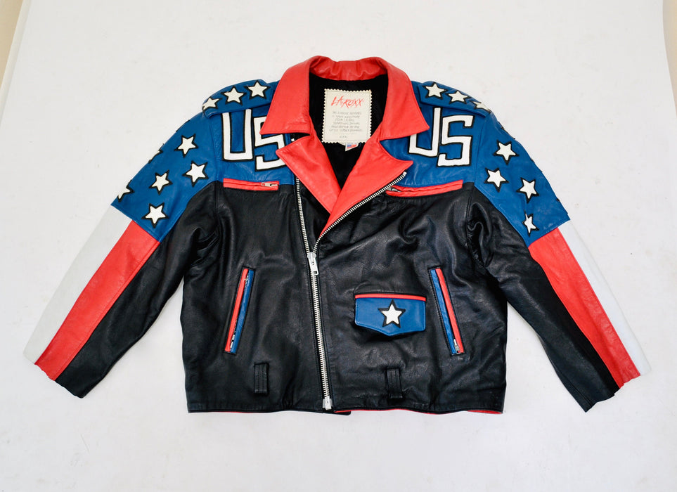 Mens Vintage Black Leather Motorcycle Jacket USA American Flag LA ROXX// Vintage Mens Leather Jacket Biker America Jacket L.A. Roxx