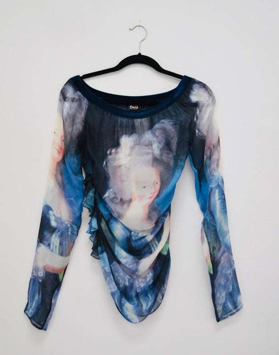 2000 D&G Marie Antoniette Silk Shirt Top Vintage 00s Dolce Gabbana Tank Top XS Small Dolce and Gabbana Silk Long Sleeve Y2k Top blue Black