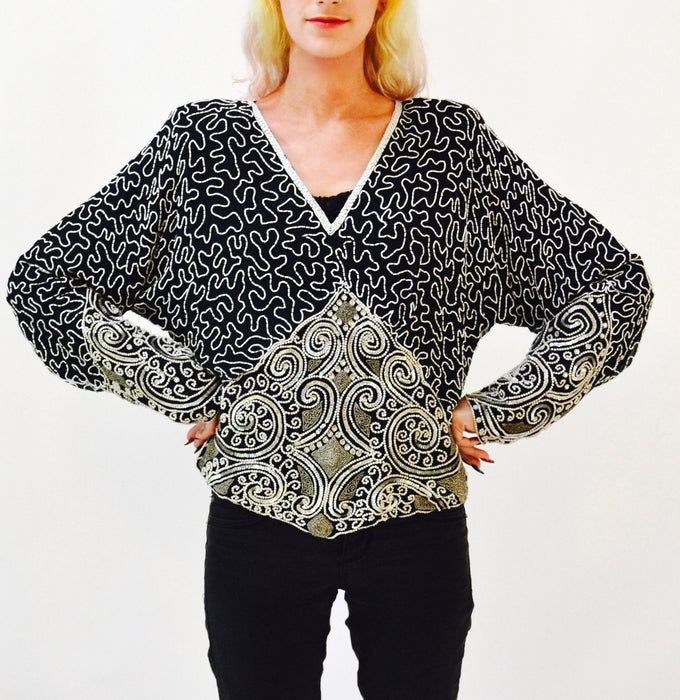 80s 90s Vintage Beaded Sequin Shirt Top Black White Silver Medium Large Art Deco Flapper Inspired Beaded Top Shirt Judith Ann Creations
