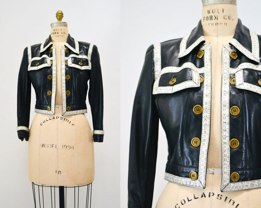 90s Vintage Black Leather Jacket by Moschino Leather Small Made in Italy// 90s Black Leather Jacket Tape Measure Trim Designer Seamstress