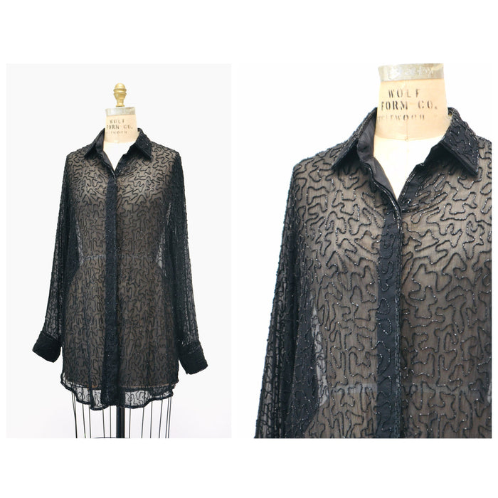 90s Vintage Black Silk Chiffon Beaded Shirt Button Down Black Sheer Silk Top Size Medium Lillie Rubin Sheer Black Long Sleeve Shirt
