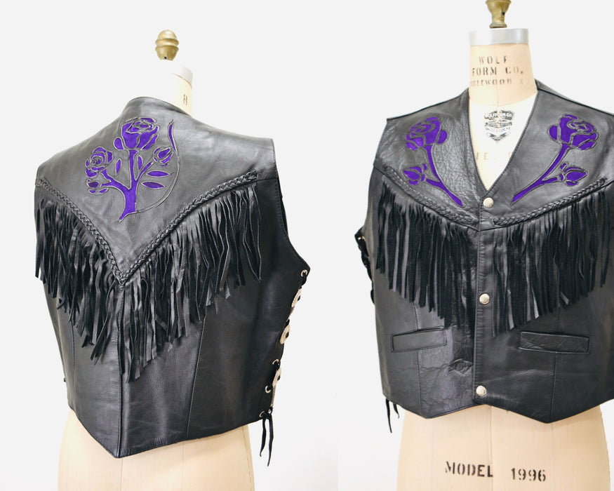 80s 90s Vintage Black Leather Fringe Vest Large PUprle Rose Fringe leather Vest Cowboy Cowgirl Rodeo Biker Festival Vest Large XL