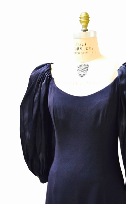 80s Vintage Party Prom Dress Medium Large Dark Navy Blue Poof Sleeves // Vintage 1980s Evening Gown Large Trophy Wife Dress Dynasty Dress