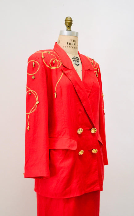 80s 90s Vintage Nautical Red Suit Jacket Blazer Skirt Red Gold Nautical Suit Linen Blazer Medium Large Lillie Rubin Boat Party Jacket Suit