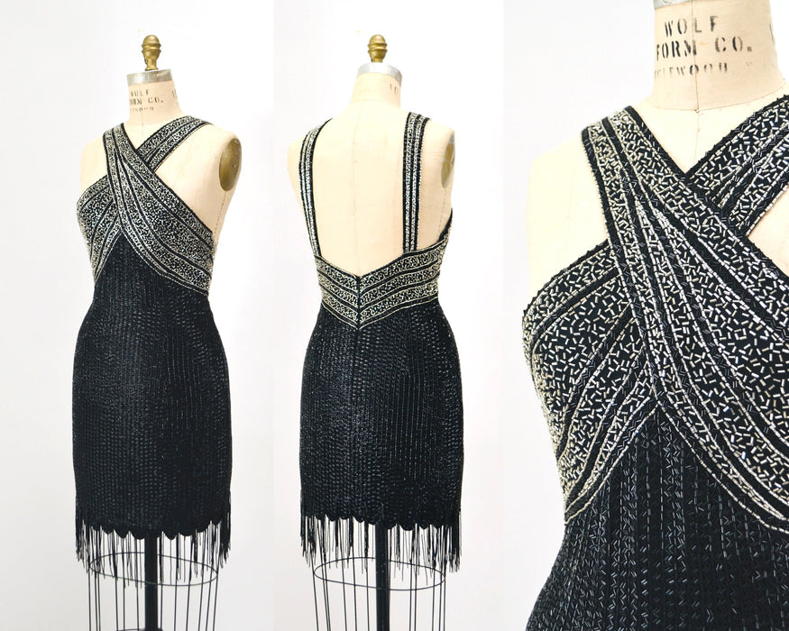 90s Vintage Black Silver Beaded Fringe Showgirl Dress Small Medium // 90s Black Silver Beaded Tank Dress Party Fringe Dress Flapper Dress