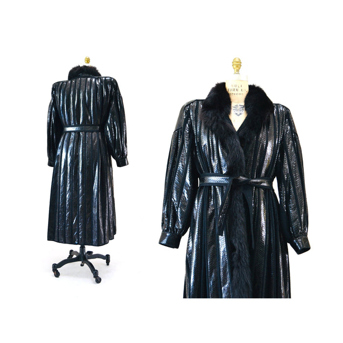 Vintage 80s Beltrami Black Snakeskin Fox Fur Coat Jacket Medium Large Made in Italy Vintage Designer Black Fur Snakeskin Coat Jacket Wool
