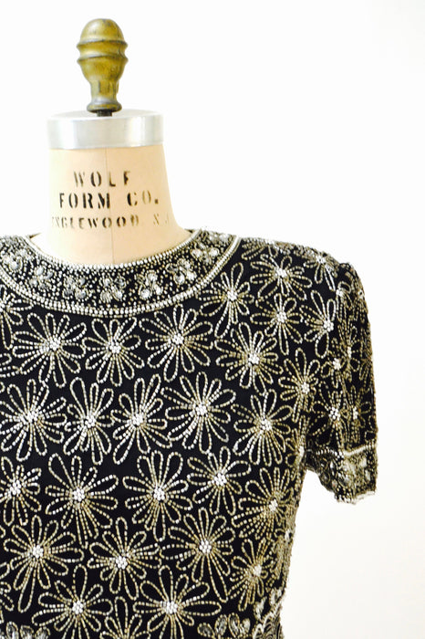 90s 00s Vintage Black Metallic Silver Beaded Sequin Top Shirt Medium Daisies Flowers// Vintage Sequin Beaded Top Medium Flapper Inspired