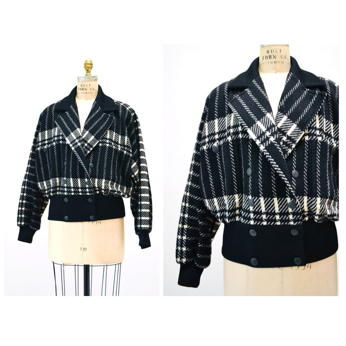 80s Vintage Wool Plaid Jacket Black White by JEAN-LOUIS SCHERRER Paris Wool Plaid bomber Jacket// Vintage Black White Wool Jacket Medium