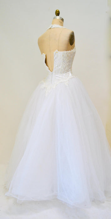 Vintage 2000s Halter Neck Wedding Dress Oleg Cassini White Crinoline Tulle Princess Wedding GOWN XS Small Sleeveless Wedding Dress With Veil