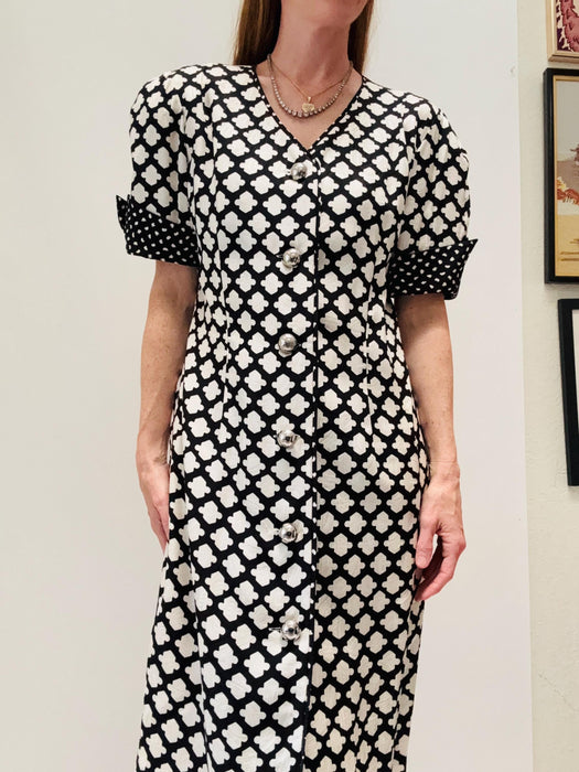 80s 90s Vintage Black White Silk Dress Neiman Marcus// Vintage Silk Shirt Dress Black White Polka Dot Party Silk Conservative Dress Medium