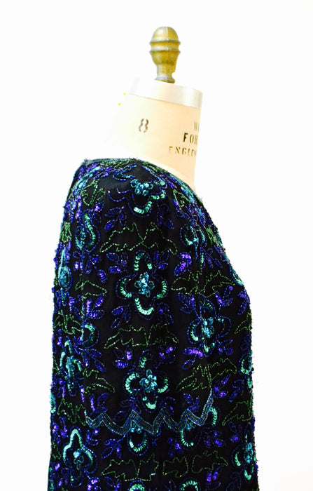 Vintage Black Sequin Shirt top Large XL Black blue beaded shirt // 80s Vintage Metallic Sequin Top Black Art Deco Flapper Laurence Kazar