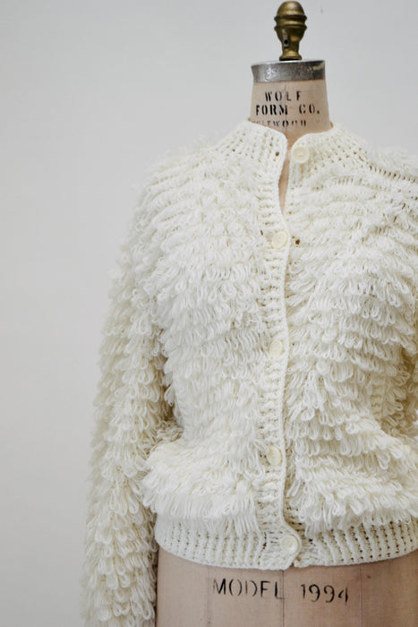 70s Vintage Cream White Loop Knit Shag Sweater Cardigan Small Medium Vintage Wedding Faux Fur Sweater Cardigan by J Gallery White Sweater