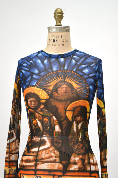 90s Jean Paul Gaultier Mesh Shirt long sleeve Sheer Stained Glass Mesh Native American Top Mesh Sheer Shirt Fashion top Jean Paul Gaultier