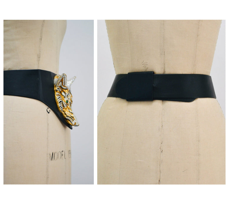 70s 80s Vintage Ermine Beverly Hills Leather and Austrian Crystals FOX Face belt Metallic Gold Rhinestone Belt Small Medium Large 28-33"
