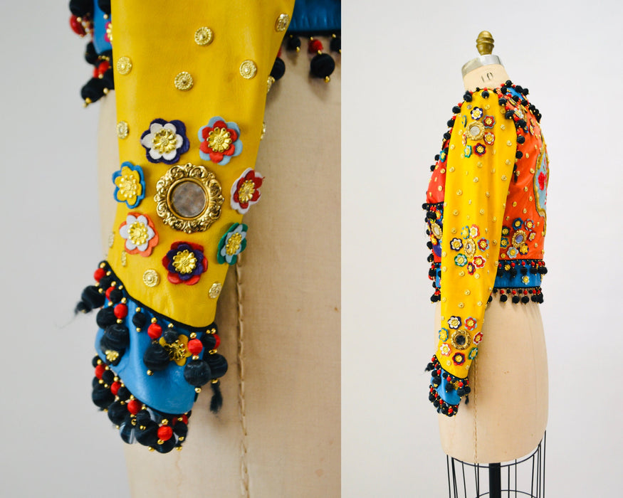 Vintage 90s Moschino Leather Jacket Gold Metallic 1991 Spring Summer Moschino Studded Leather Jacket Red Blue Green Yellow Made in ITaly