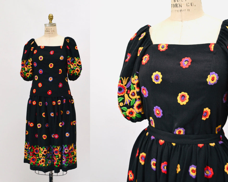 70s 80s Vintage Embroidered Boho Shirt Skirt Dress Set Small Black Cotton Floral Boho Shirt Skirt Embroidered Floral Dress Sara Fredericks