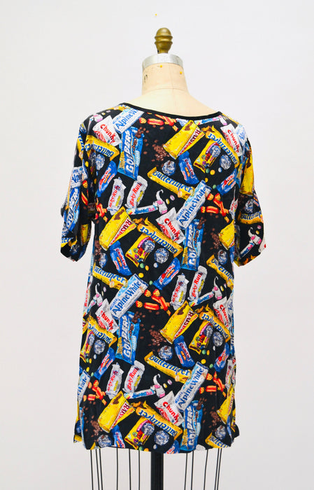 90s Vintage Nicole Miller Silk Shirt Size Large with Chocolate Candy Bar Food Print// 90s Pop art Conversational Print Silk Shirt