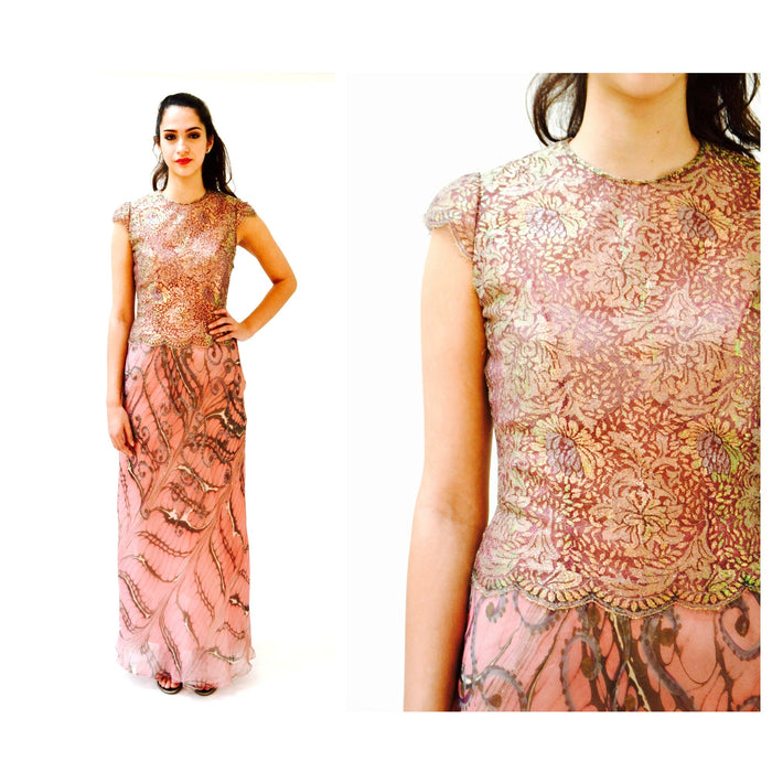 90s 00s Vintage Pink Lace Silk Bias Cut Dress Small Wedding Party Gown// 90s 00s Bias cut Gown Long Dress Metallic Lace Butterfly Print