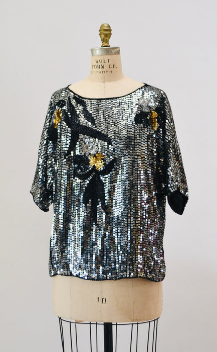 70s 80s Vintage Beaded Shirt Top Black Silver Top Large Shirt 70s 80s Glam Disco party Silver Metallic Sequin Top Size Medium Large