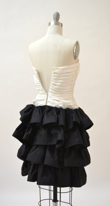 Vintage 90s Party Prom Dress XXS XS Small Black and White Strapless Ruffle Party Dress By Tadashi// 90s  Vintage Black Tie PageantDress