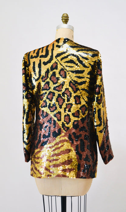80s 90s Vintage Sequin Jacket Black Small Medium Leopard Cheetah Animal Pattern// 90s Metallic Gold Black Sequin Jacket French Collizioni