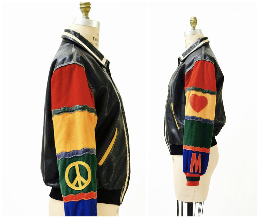 Vintage Moschino Leather Jacket Black Love Peace Heart Red and Black Navy Moschino Jeans ITaly Pop Art Rainbow Gay Pride Leather Jacket