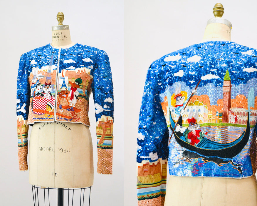 90s Vintage Jeanette Kastenberg Platinum Sequin Jacket Looney Tunes Bugs Bunny Cartoon Sequin Paris France Venice Italy Beaded Jacket