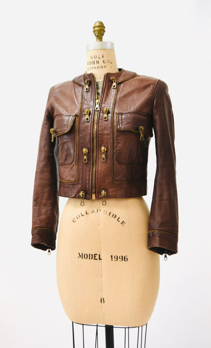 80s 90s Vintage Moschino Brown Leather Jacket With Zipper Trim Cheap and Chic Made in Italy// 80s Browns Leather Jacket Biker Medium Large