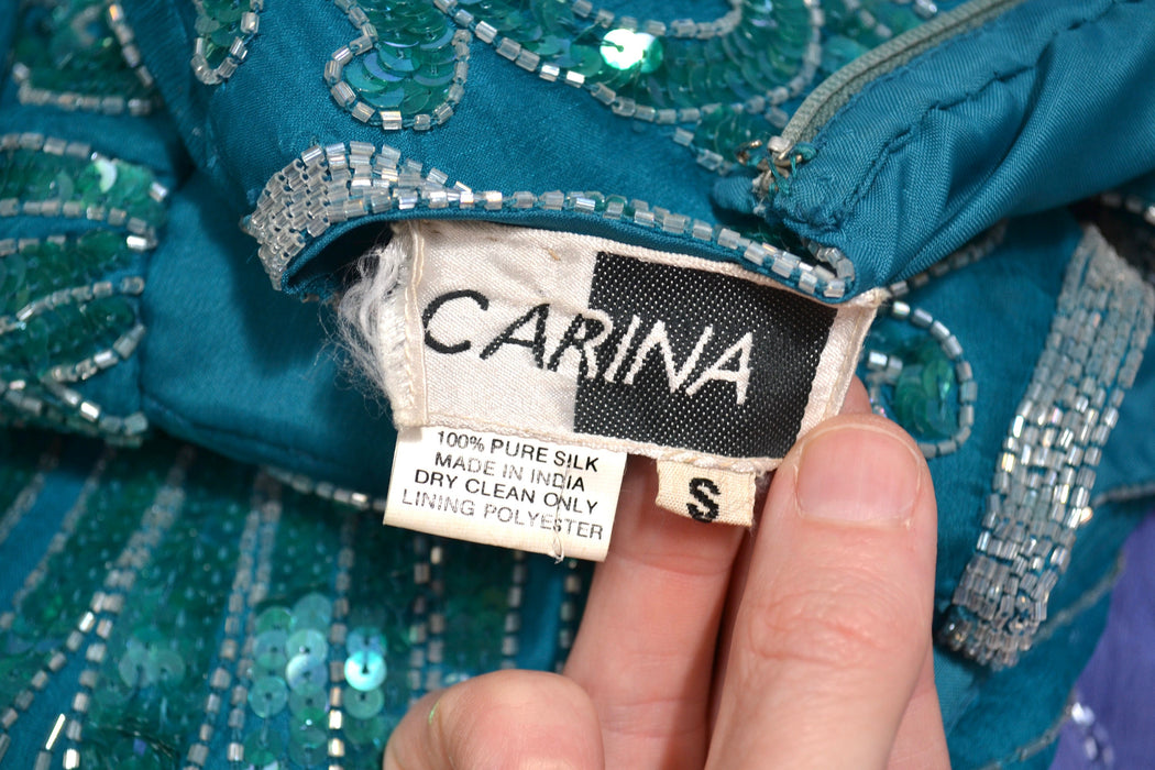 80s 90s Vintage  Blue Green Sequin Beaded Dress Flapper Inspired Cocktail  Dress Small in Teal Blue Long Sleeve 80s 90s Party Pageant Dress
