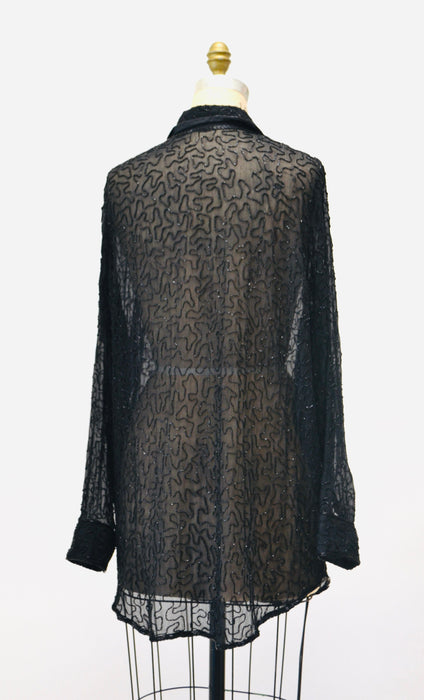 90s Vintage Black Silk Chiffon Beaded Shirt Button Down Black Sheer Silk Top Size Medium Lillie Rubin Sheer Black Long Sleeve Shirt