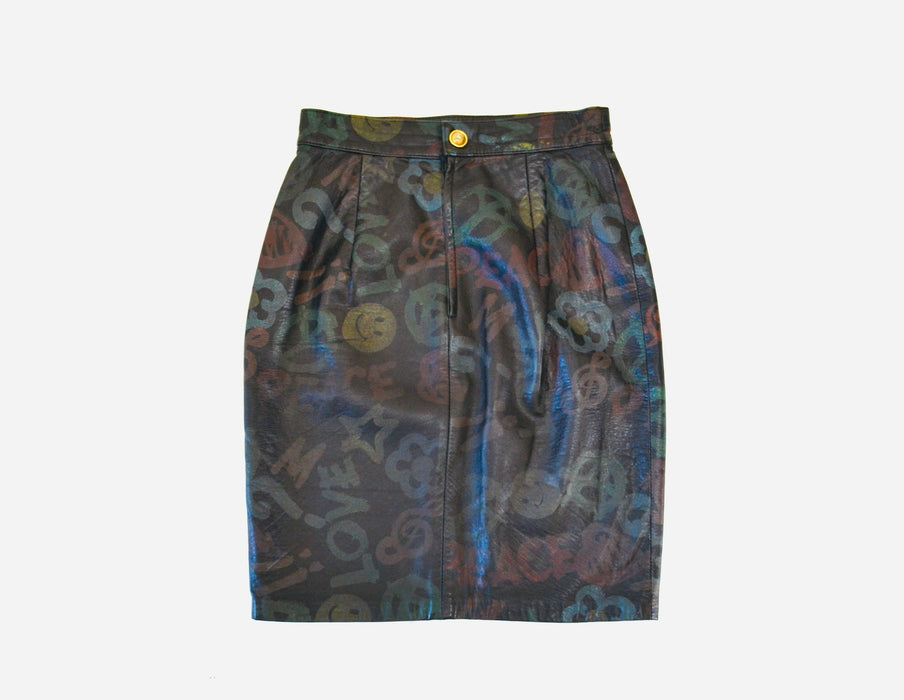 Vintage Moschino Leather Skirt Love peace Music smiley face XS Small Vintage Black Leather Skirt Painted Love Peace Music Moschino Pop art