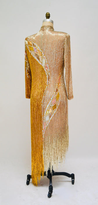 80s Vintage Gold Sequin Bob Mackie Dress Black white Beaded Sequin Fringe Dress Medium I.MAGNIN Bob Mackie  Asymmetrical Fringe Dress