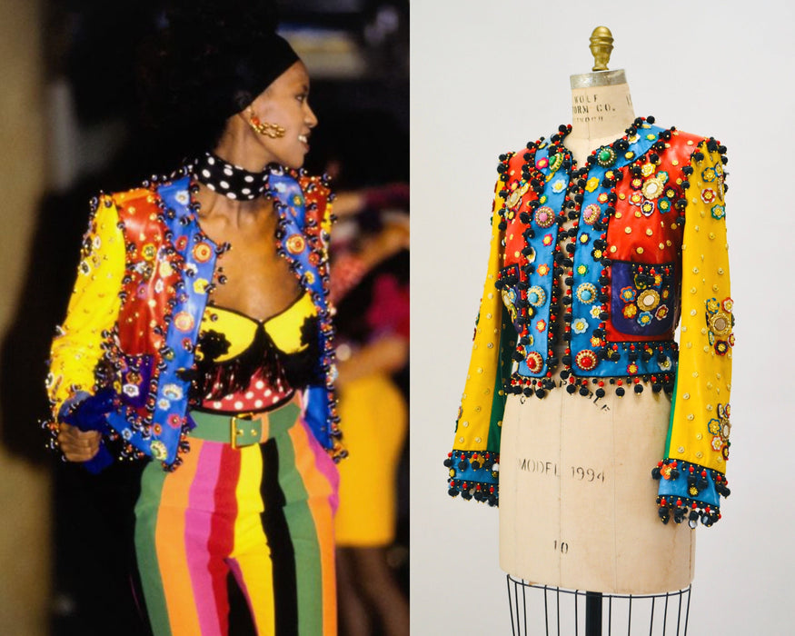Vintage 90s Moschino Leather Jacket Gold Metallic 1991 Spring Summer Moschino Studded Leather Jacket Red Blue Green Yellow Made in ITaly