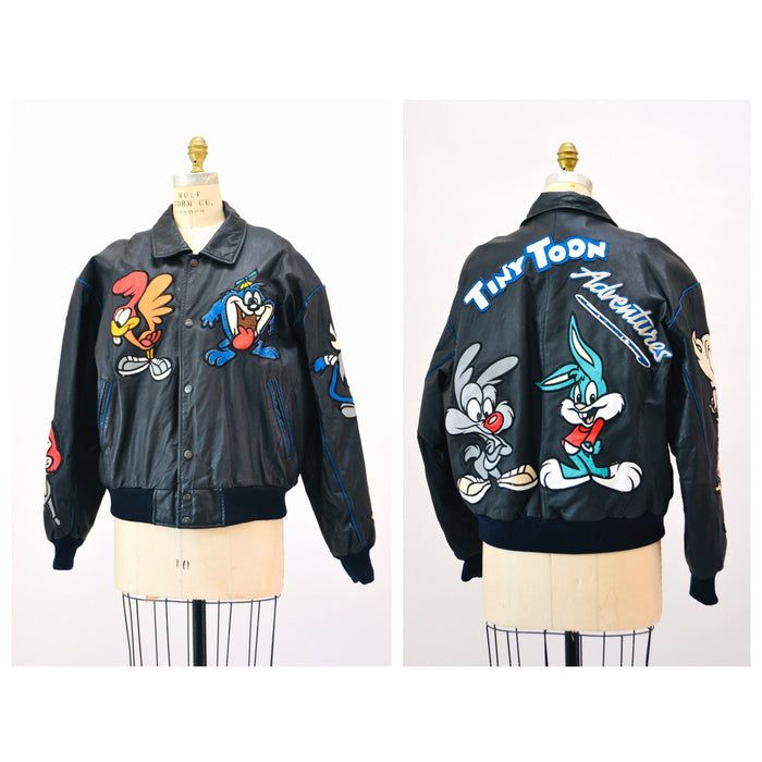80s 90s Vintage Tiny Toons Adventures Leather Jacket Looney Tunes Cartoon Large Montana Toons Leather Jacket Warner Bros Taz Bugs Bunny