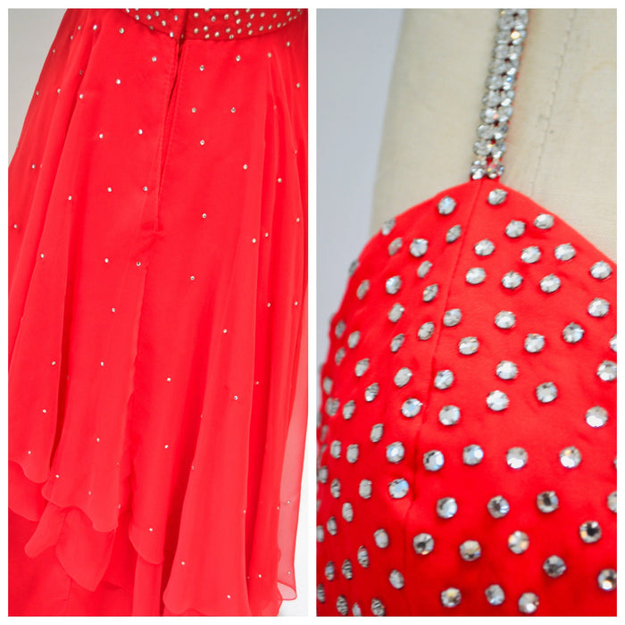 Vintage 70s Red Rhinestone Evening Gown Party Dress Chinese Wedding Dress 1970s Red Ruffle Dress with Rhinestones Empire Waist
