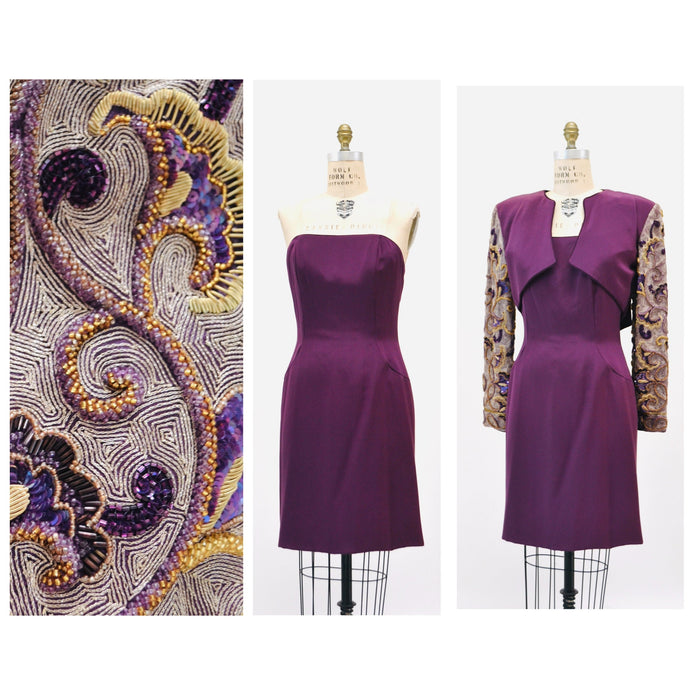 90s Vintage Silk Beaded Sequin Metallic Jacket and Strapless Dress by Raoul Arango Purple Wine Cocktail Dress Sequin Bolero Jacket Medium
